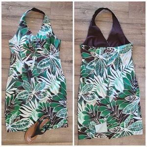 NWOT'S- JONES NEW YORK - Green & Brown leaf print Halter Sheath dress - Size 10p